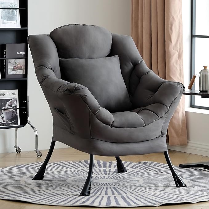 Lazy Chair with Pillow for Living Room, Modern Lounge Accent Chair with Armrests, Leisure Sofa Chair Set, Reading Chair for, Bedroom, Dorm Room, Office, Dark Grey