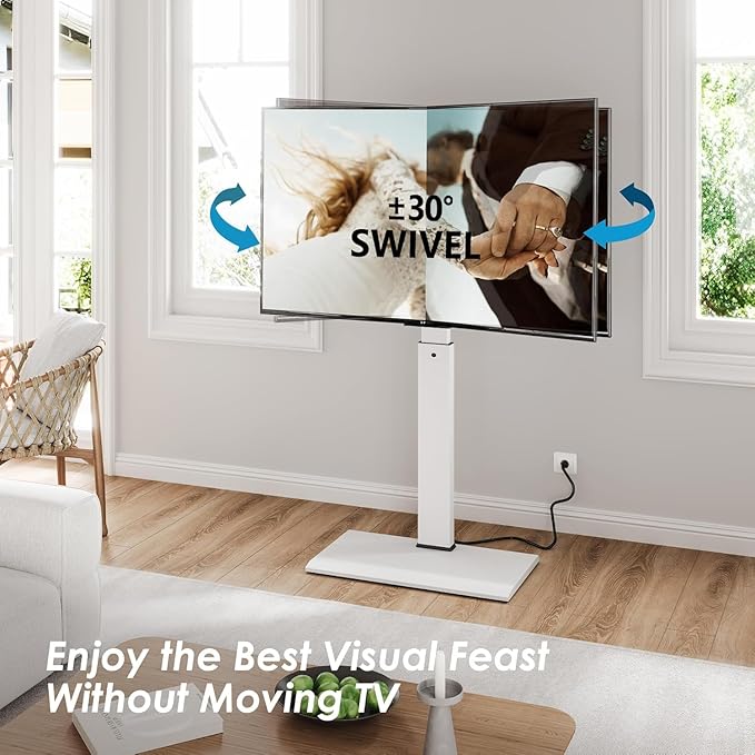 FITUEYES Floor Swivel TV Stand with Power Outlet for 32-65 Inch TVs, Floor TV Stand with Mount Height Adjustable with Iron Base, Hold Up to 88lbs, Space Saving for Bedroom, Living Room