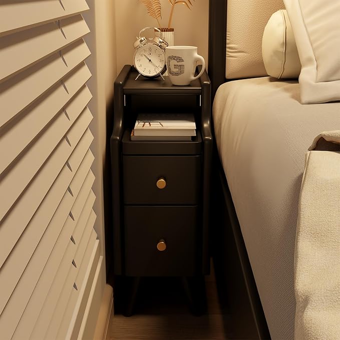 Small Nightstand with Drawers, Solid Wood Bedside Table, Narrow BlackNightstand for Bedroom