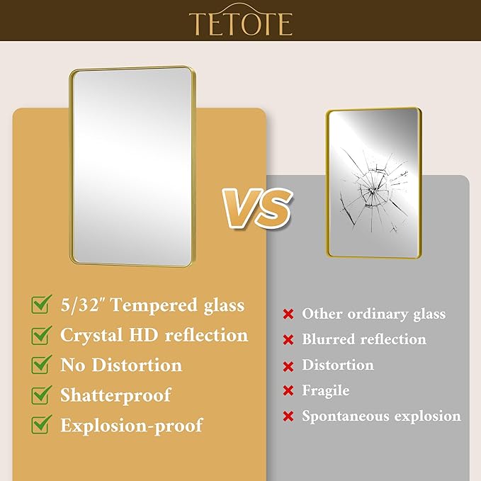 TETOTE 72 x 36 Inch Gold Framed Mirror Vanity Mirrors for Wall Decor Brushed Gold Bathroom Mirrors, Tempered Glass, Modern Farmhouse Wall Mounted Mirror for Decorative(Horizontal/Vertical)
