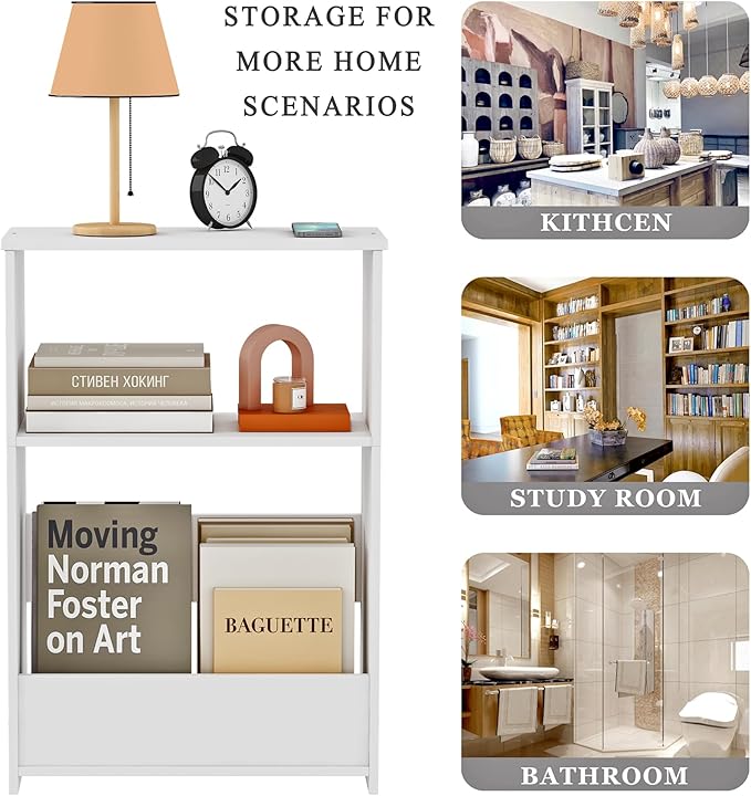3-Tier Narrow End Table, Small Stand Shelf Narrow White Side Table with Storage Shelf, Small Bookshelf Bedside Table for Bedroom, Living Room, Office, Bathroom