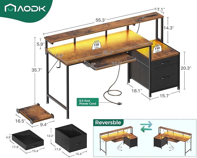 AODK Computer Desk with Drawers and Keyboard Tray, 55" Office Desk with Power Outlet and LED Lights, Reversible Study Work Desk with Printer Shelf and PC Stand for Home Office, Vintage