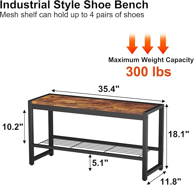 HOMEFORT Shoe Bench, Modern Industrial Shoe Storage Bench, Entryway Bench with Mesh Shelf and Sturdy Metal Frame, Metal Shoe Rack with Durable MDF Top for Hallway, Mudroom, Living Room, Rustic Brown