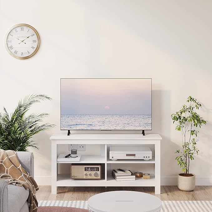 43 Inches TV Stand,Mid Century Modern Entertainment Center with 4 Open Shelves Farmhouse TV Media Console Table for Living Room,Bedroom,Television Stand up to 50 Inches(White)
