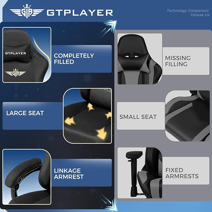 GTPLAYER Gaming Chair Fabric with Pocket Spring Cushion, High Back Ergonomic Computer Chair with Footrest for Adults Lumbar Support Swivel Game Chair for Office Gaming 350LBS, Black