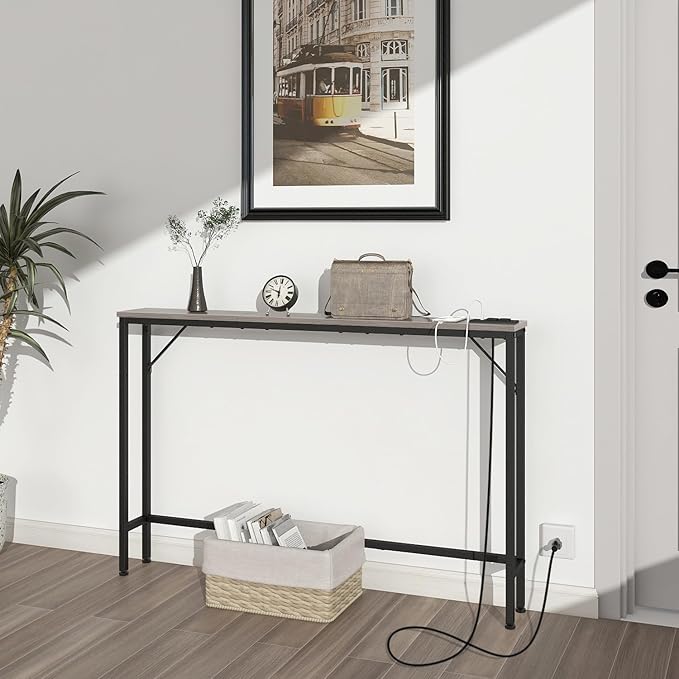 Tohomeor 5.9" Skinny Behind Sofa Console Table with Charging Station 47.2" Narrow Long Behind Couch Table with Power Outlets USB Ports Thin Entry Table for Entryway Living Room Hallway Retro Grey