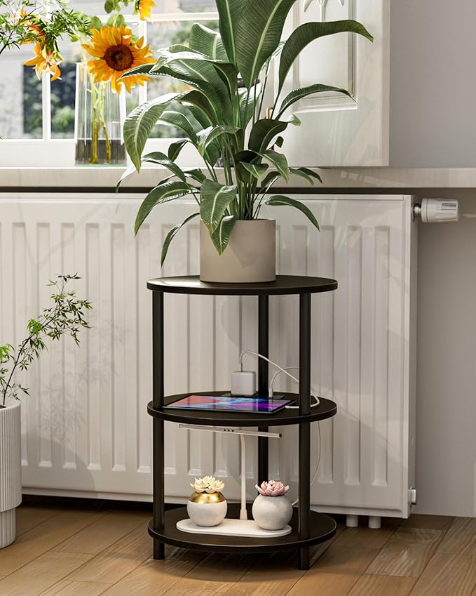 Small Round End Table - 3 Tier Design Accent Table, Narrow Side or Bedside Stand, Industrial Vintage Table for Small Spaces, Built-in USB Ports and Power Outlet, Charcoal Wenge