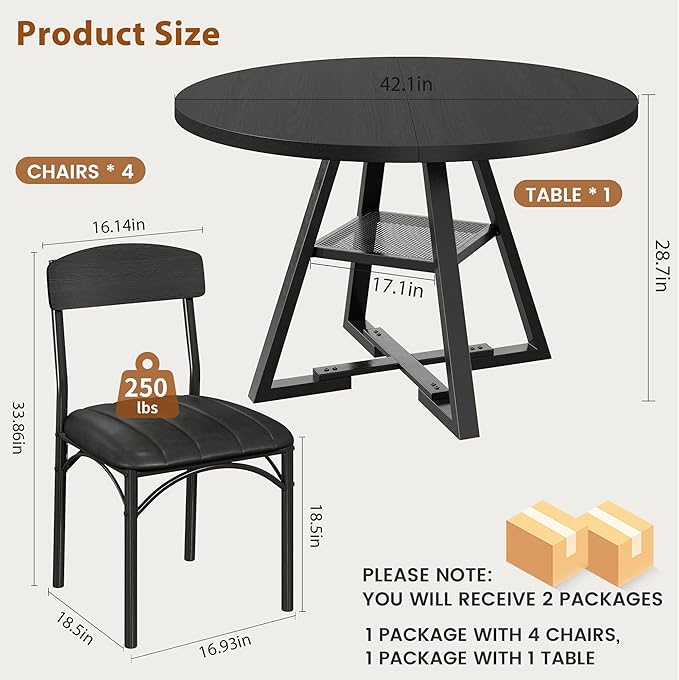Round Dining Table Set for 4, Kitchen Table and Chairs for 4, Circle Table Round Pedestal Dining Room Dinner Dinette Table Set,5 Piece Space Saving Wood Kitchen & Dining Room Tables (Black, 47In)