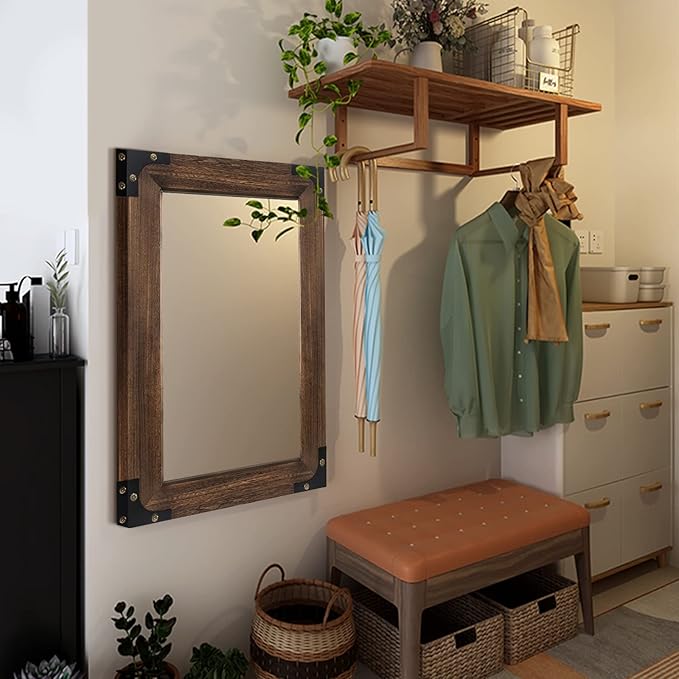 blue page Rustic Mirror Wood Mirror for Bathroom, Decorative Framed Wall Mirror, Farmhouse Natural Vanity Mirror, Wall Mounted Rectangular Mirror for Bedroom Living Room, Small 20x28 Inch