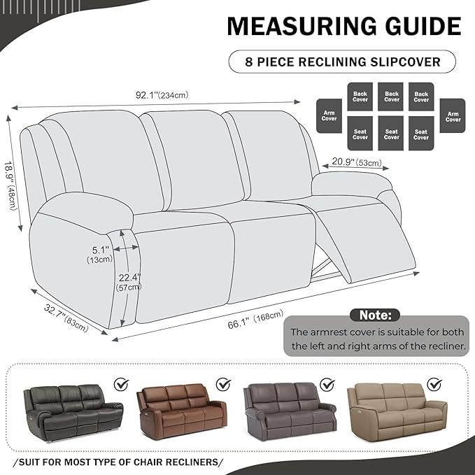vctops 8 Pieces Geometric Jacquard Plush Recliner Sofa Covers Soft Fuzzy Fluffy 3 Seats Couch Cover Anti-Slip Sofa Slipcover Furniture Protector with Elastic Bottom for Kids Pet(Dark Grey,3 Seat)