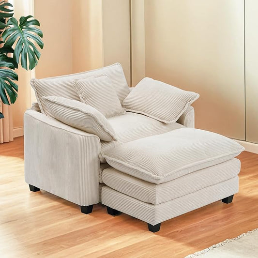 Furniliving Oversized Accent Chair with Ottoman, Luxury Corduroy Single Sofa, Upholstered Deep Seat Chaise Lounge with Pillows for Living Room, Bedroom, Apartment, Beige