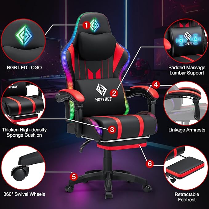 HOFFREE Gaming Chair with Music Rhythm RGB LED Lights and Bluetooth Speakers Ergonomic Massage Computer Gaming Chair with Footrest Video Game Chair High Back with Lumbar Support Red and Black
