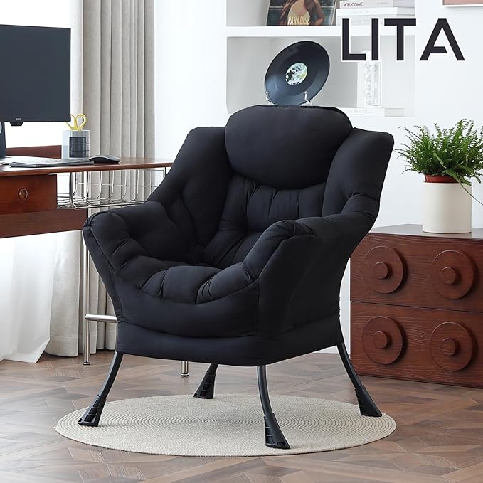 LITA Lazy Chair with Ottoman, Modern Accent Leisure Upholstered Sofa, Contemporary Lounge Reading Chair with Armrests and a Side Pocket for Living Room, Bedroom & Small Space, Single Black