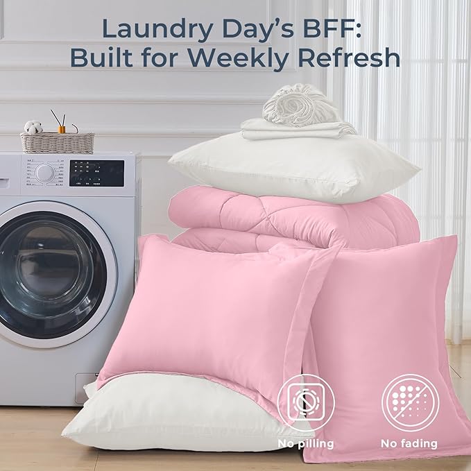 HEVUMYI Queen Comforter Set - 7-Piece All Season Bed in a Bag Queen, Ultra Soft Bedding Set with Comforter, Flat Sheet, Fitted Sheet, Pillowcases, Pillow Shams, Pink & Ivory