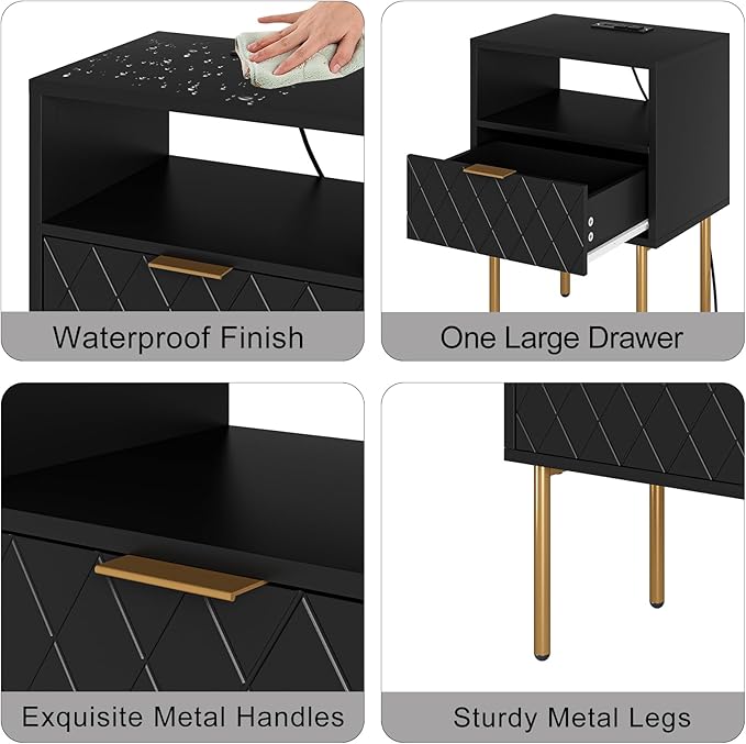 Nightstand,Small Bedside Table with Gold Frame,Morden Night Stand with 2 Drawer,End Table,Side Table with Drawer and Shelf for Bedroom,Living Room (Black-Diamond-Outlet)