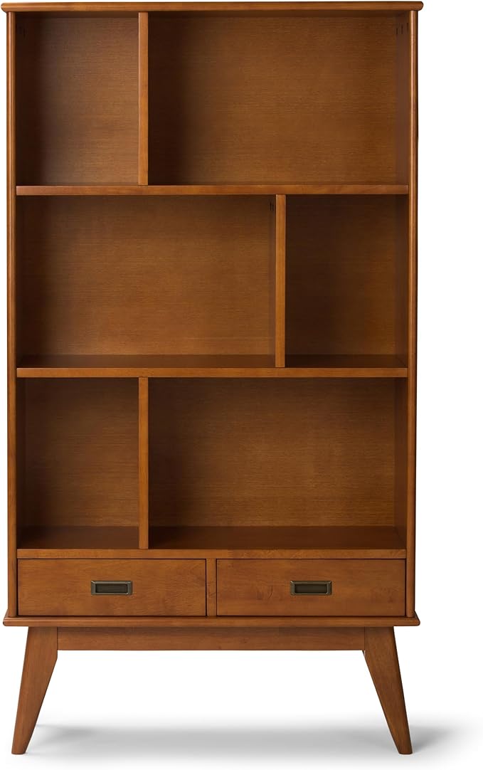 SIMPLIHOME Draper Bookcase - 64 inch Tall Solid Hardwood Wide Storage Bookshelf in Teak Brown, Mid-Century Modern Storage for Living Room, Study Room or Office with Adjustable Shelves and Tapered Legs