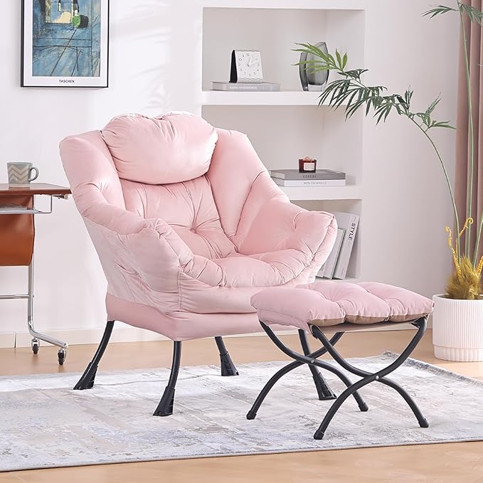 Lazy Chair with Folding Ottoman, Modern Accent Lounge Armchair with Armrests and a Side Pocket & Foldable Footstool, Leisure Reading Chair for Living Room, Bedroom, Dorm & Office, Velvet Pink