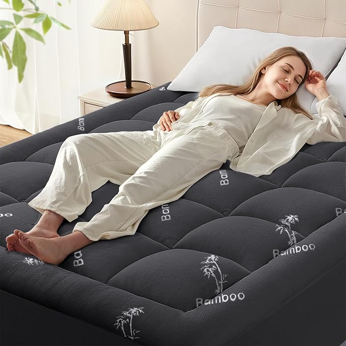 Anluoer Memory Foam Mattress Topper Queen for Back Pain, Rayon Derived from Bamboo Pillow Top Mattress Topper for Hot Sleepers,Cooling Mattress Pad with 8-21" Deep Pocket, 60x80 Inches, Dark Grey