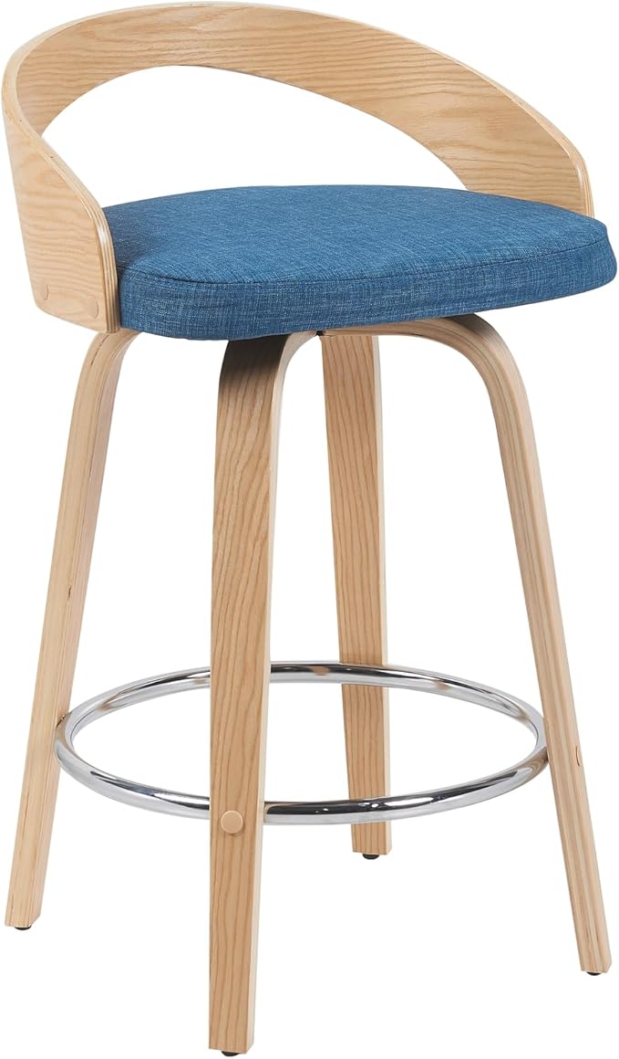 Armen Living Sonia Modern Swivel Counter Height Bar Stool with Blue Upholstered Seat and Patterned Oak Wood Finish