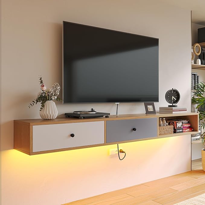 Modern Floating TV Stand with Doors, 70 Inch Wall Mounted TV Console,Floating Media Console Cabinet Under TV Shelf for Living Room Bedroom,Natural