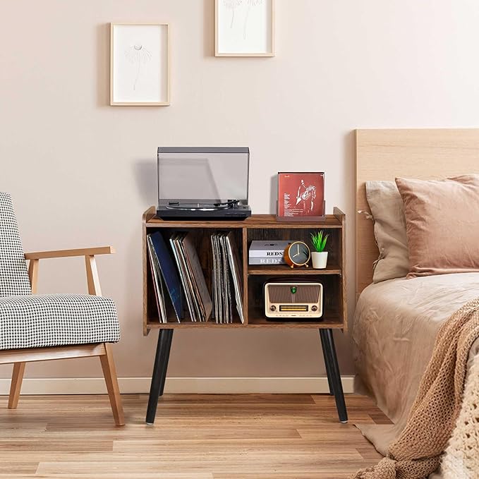 Record Player Stand with Vinyl Record Storage, Mid-Century Turntable Stand for Living Room Bedroom Office, Record Player Table, Vinyl Holder Holds up to 100 Albums, Rustic Brown