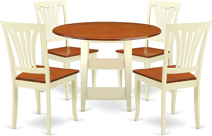 East West Furniture SUAV5-BMK-W 5 Piece Dining Room Furniture Set Includes a Round Dining Table with Dropleaf & Shelves and 4 Wood Seat Chairs, 42x42 Inch, Buttermilk & Cherry