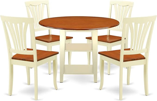 East West Furniture SUAV5-BMK-W 5 Piece Dining Room Furniture Set Includes a Round Dining Table with Dropleaf & Shelves and 4 Wood Seat Chairs, 42x42 Inch, Buttermilk & Cherry