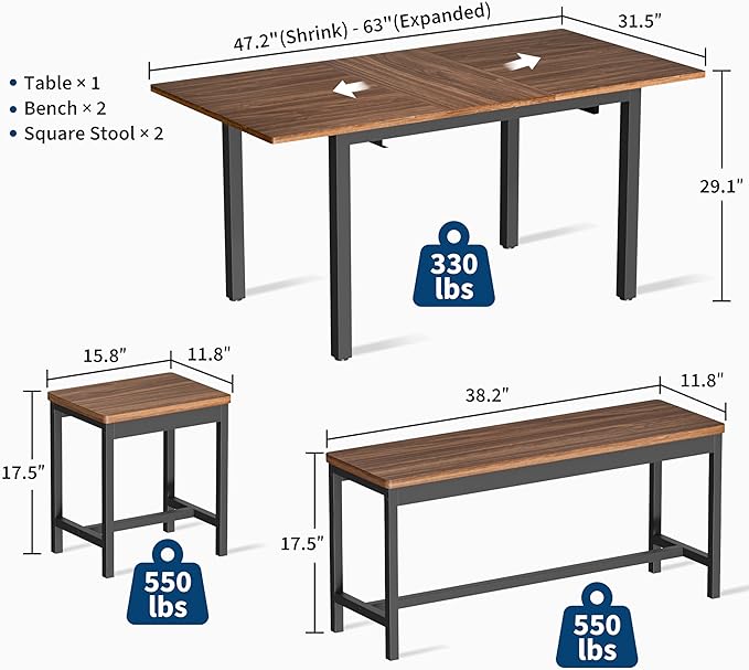GarveeHome 5-Piece Dining Table Set for 4-8 People, 63" Large Extendable Kitchen Table Set with 2 Benches and 2 Square Stools, Modern Dining Room Furniture Sets, Easy Assembly, Espresso