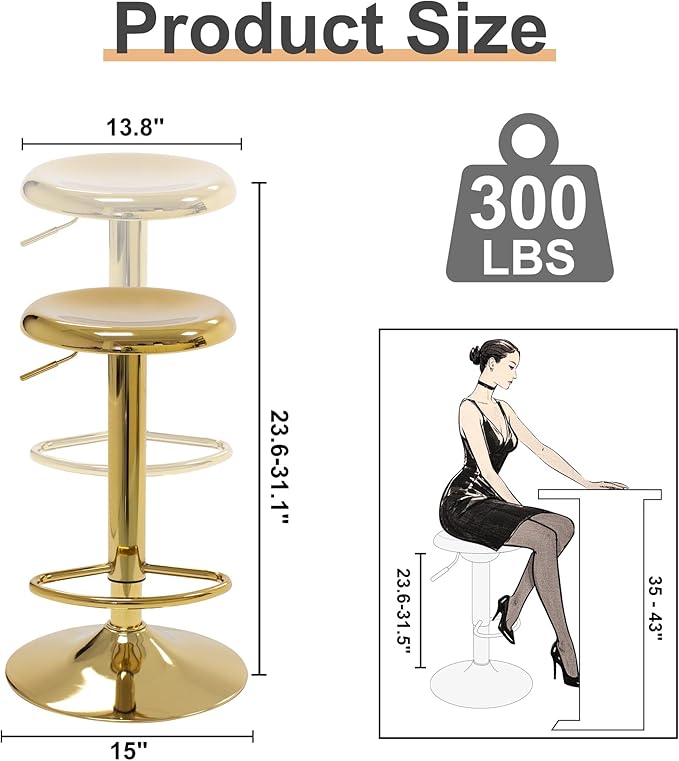 CAROLMADE Bar Stools Set of 2, Adjustable Metal Bar stools Swivel Counter Height Stool, Backless Barstools for Kitchen Island Pub, Gold