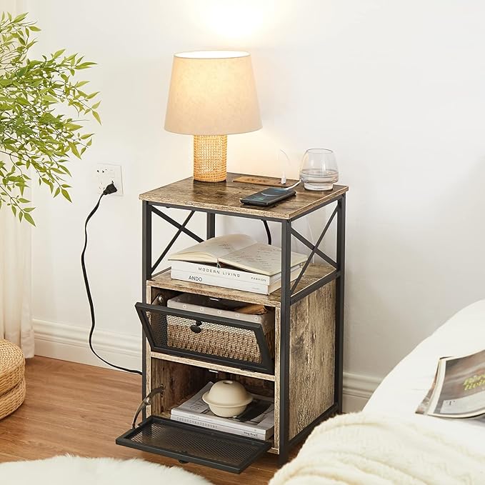 VECELO Grey End Table with USB Ports and Outlets,24 Inch Nightstands with Charging Station and Storage Shelf for Bedroom,Living Room, 2 Set