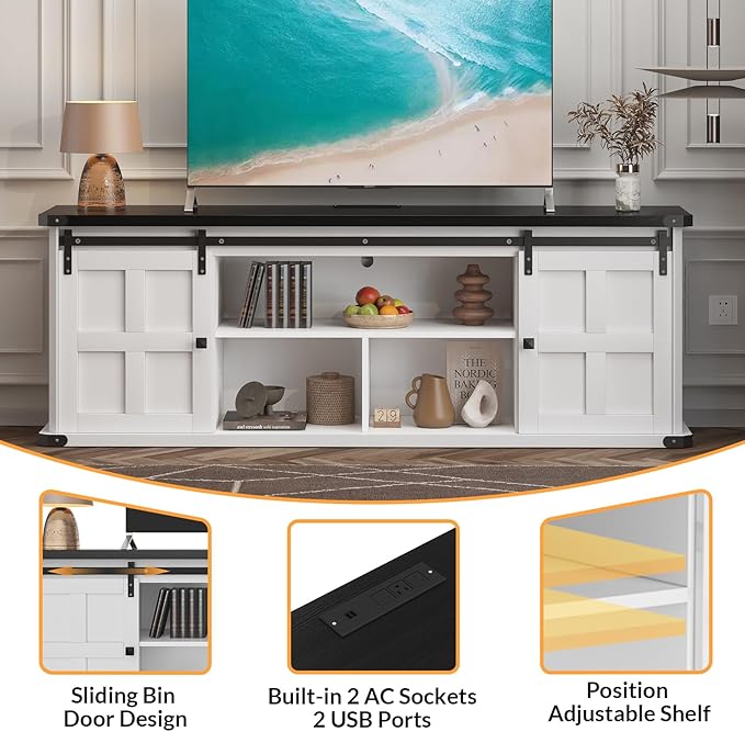GAOMON 70" Farmhouse TV Stand for 80/75/70 Inch TVs,Entertainment Center Storage Cabinets w/Power Outlets and Sliding Barn Door,Rustic TV Stands for Living Room,Media Console Cabinet