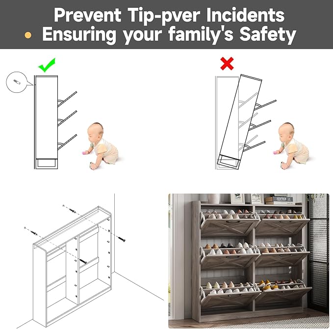 Maupvit Large Shoe Storage Cabinet with 6 Flip Drawers, Freestanding Shoe Organizer with Metal Handles for Entryway, Narrow Shoe Rack Cabinet, Washed Gray