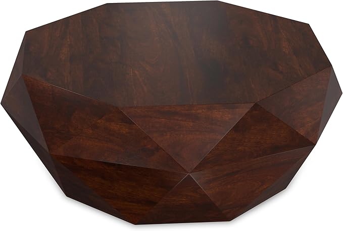 SIMPLIHOME Zayn Coffee Table - 35 inch Wide Solid Acacia Wood Geometric Drum Cocktail Table in Walnut Brown, Modern Living Room Table with Octogon-Shaped Tabletop and Faceted Design, Assembled