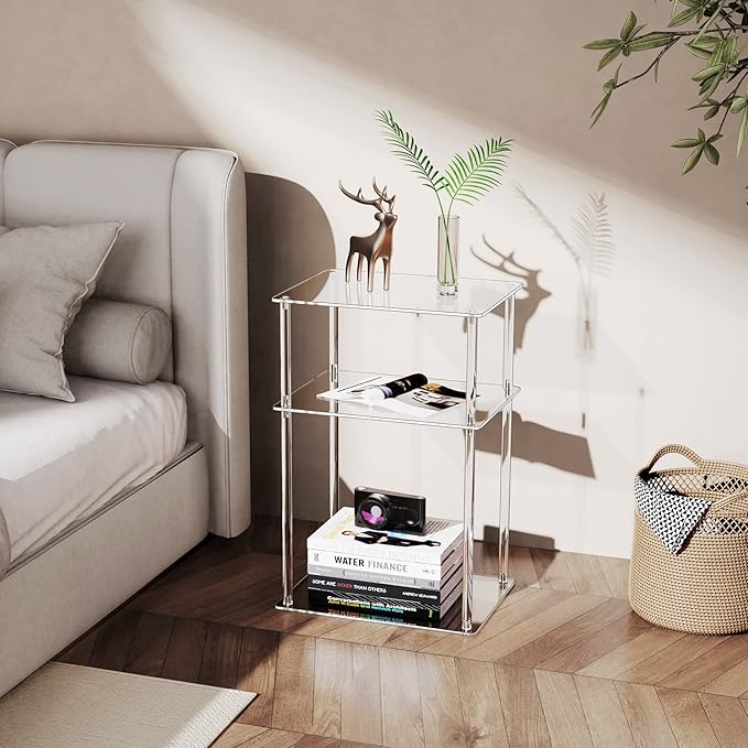 Clear Acrylic Side Table, 3-Tier End Table for Living Room, Small Bedside Tables Nightstand for Bedroom, Home Decor Accent Table, 15.7" L x 11.8" W x 23.6" H