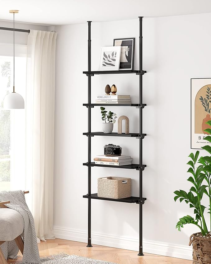 ALLZONE 5 Tiers Narrow Bookshelf, Tall Adjustable Ladder Book Shelf with Open Storage, Floor to Ceiling Tension Mount, Wooden Industrial Bookcase for Living Room, 92 to 116 Inch, Black