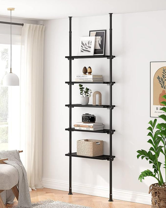 ALLZONE 5 Tiers Narrow Bookshelf, Tall Adjustable Ladder Book Shelf with Open Storage, Floor to Ceiling Tension Mount, Wooden Industrial Bookcase for Living Room, 92 to 116 Inch, Black