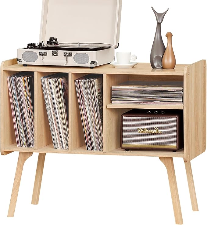 Lerliuo Record Player Stand with 4 Cabinet Holds Up to 220 Albums, Large Stand with Beech Wood Legs, Mid-Century Record Player Table,Burlywood Vinyl Holder Storage Shelf for Living Room