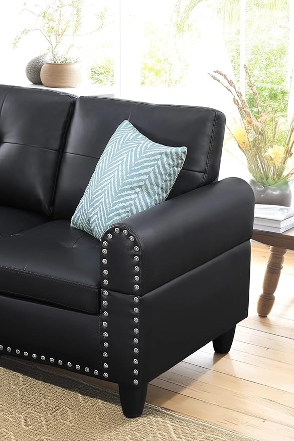 98 Inch L Shaped Sectional Sofa with Chaise Lounge, Storage Ottoman and 2 Pillows, 4-Seaters Faux Leather Upholstered Tufted Couch w/Cupholder & Nailhead Trim for Living Room, Office, Black