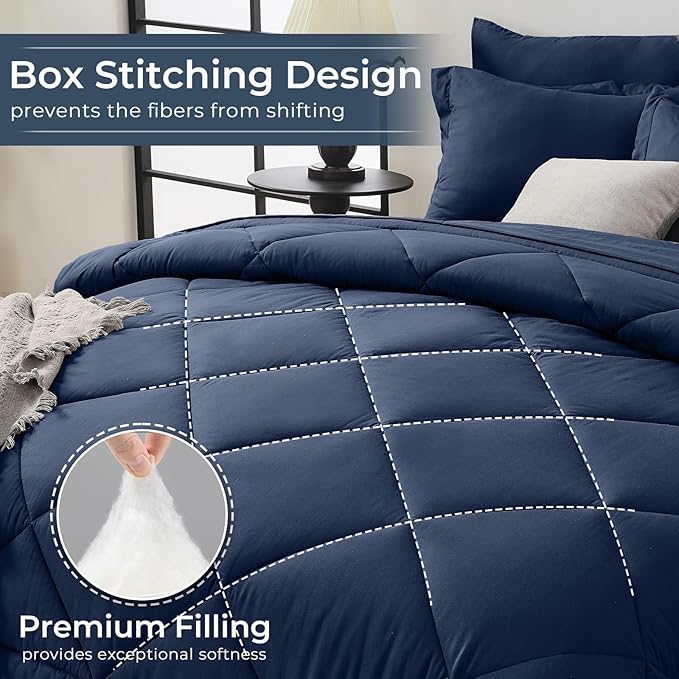 HEVUMYI Navy Blue Twin-XL Comforter Set - 5-Piece All Season Bed in a Bag Twin-XL, Ultra Soft Bedding Set with Comforter, Flat Sheet, Fitted Sheet, Pillowcases, Pillow Shams, Navy Blue
