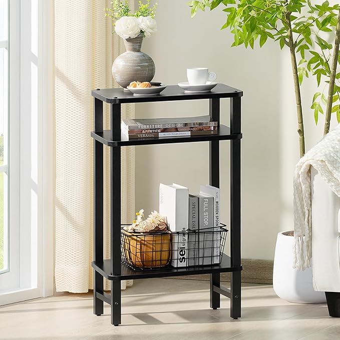 28in Tall Side Table 3-Tier Small Narrow End Table for Couch, Skinny Nightstand for Small Space, Farmhouse Slim Night Stand with Storage, Wooden Frame Thin Bedside Table, for Living Room, Black