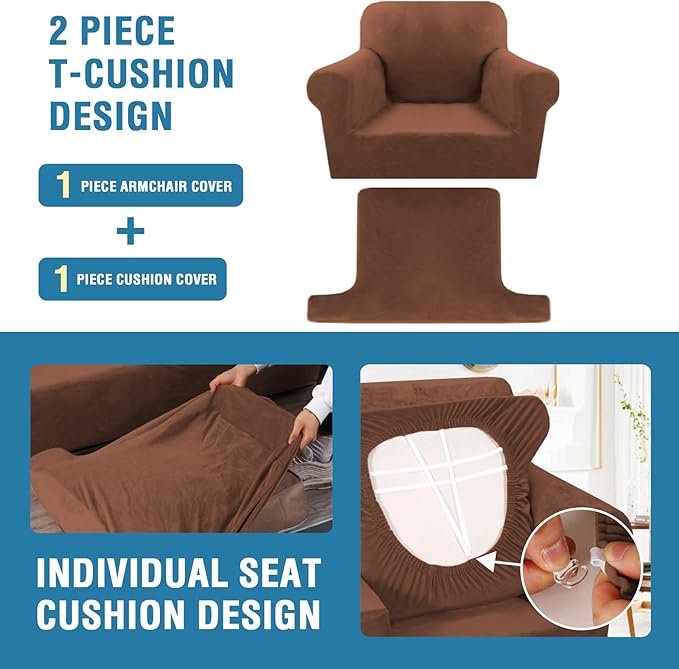 H.VERSAILTEX Sofa Cover 2 Piece T Cushion Armchair Slipcovers Thick Velvet Couch Cover Stretch T Cushion Sofa Covers for 1 Cushion Couch with 1 Individual T Cushion Covers Washable, Caramel
