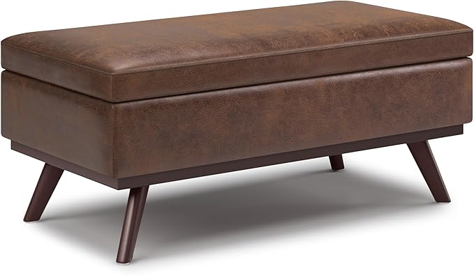 SIMPLIHOME Owen 42 inch Wide Mid Century Modern Rectangle Lift Top Large Coffee Table Storage Ottoman in Distressed Chestnut Brown Vegan Faux Leather, Assembled, For the Living Room