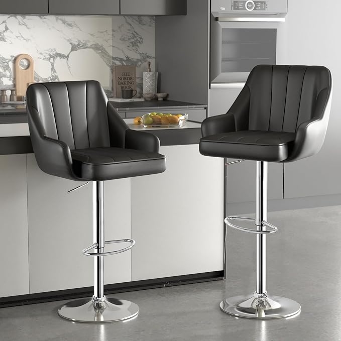 VECELO Bar Stools Set of 2, Adjustable Barstools, Counter Height Stools with Back and Arm, Kitchen Island Stools, Swivel PU Chairs for Pub, Dining Room, Modern Style, Black
