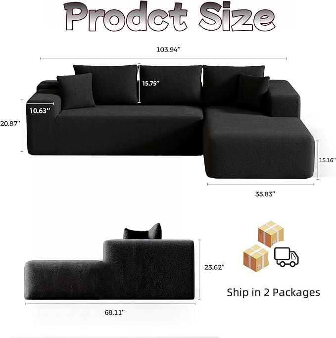 Cloud Sectional Couch, 104”L-Shape Oversized Sofa with Left Chaise Lounge, Modular Sleeper Couch with Pillows & Deep Seat, Rain Drop Velvet Fabric Compressed Sofa for Living Room, Black