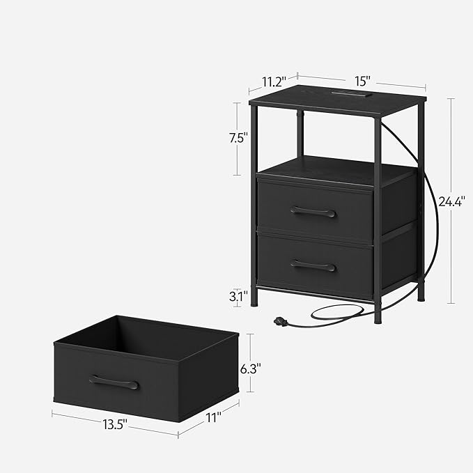 Nightstands Set of 2, Night Stand with Charging Station and Led Lights, Bedside Table with 2 Fabric Drawers for Bedroom, Small Side End Table with Open Shelf, Black