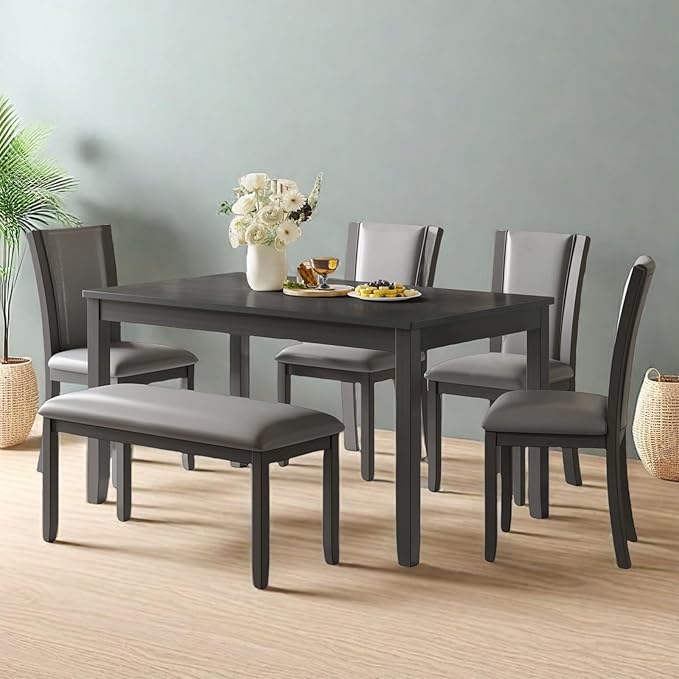 Dining Table Set for 5, 6-Piece Kitchen Table & Chairs Set with Rectangular Table, Bench & 4 Upholstered Chairs, 58'' Dinner Set with Rubber Wood Legs & Curved Backrest for Kitchen, Gray