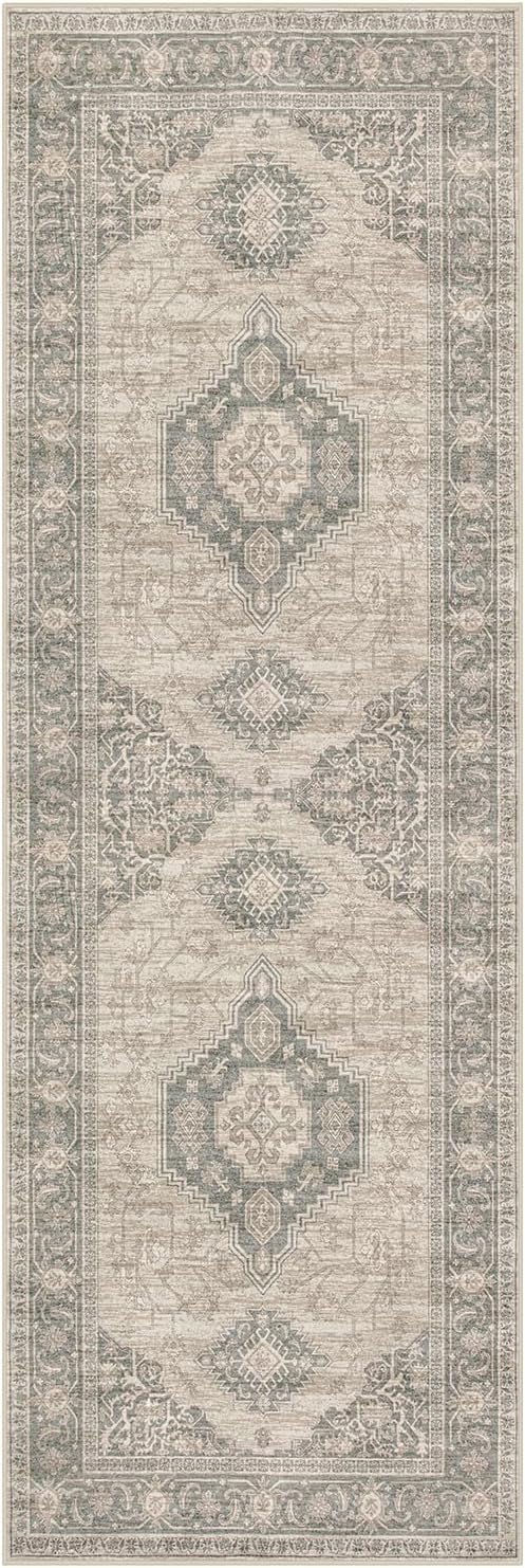 Lahome Oriental Kitchen Runner Rug Non Slip, 2x5 Washable Hallway Runner with Rubber Backing, Vintage Hallway Rug Ultra-Thin Soft Carpet for Bedroom Bathroom, Grey/Brown