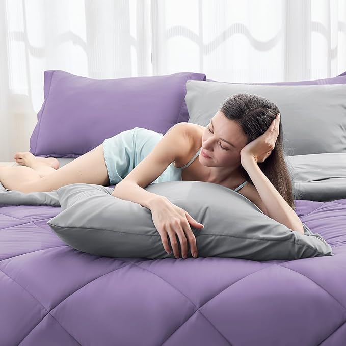 HEVUMYI Full Comforter Set - 7-Piece All Season Bed in a Bag Full, Ultra Soft Bedding Set with Comforter, Flat Sheet, Fitted Sheet, Pillowcases, Pillow Shams, Purple & Light Grey