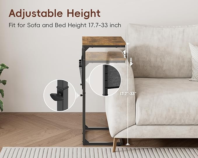 Vagusicc C Shaped End Table with Charging Station, 33" Tall Side Table for Couch, Sofa Table Adjustable Height Small Couch Side C Table, Slide Under Sofa Tray Arm Table for Living Room, Bedroom, Brown