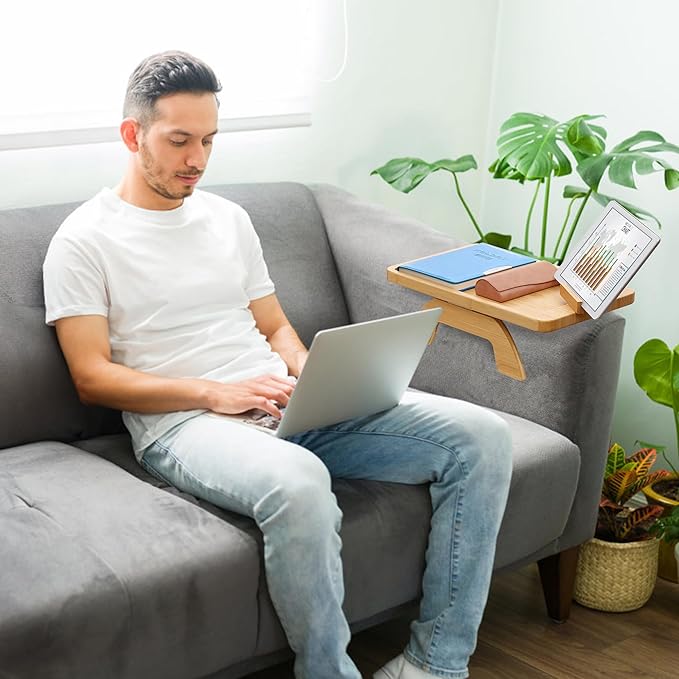 SINWANT Couch Arm Tray,Bamboo Sofa Clip on Side Table,Foldable Couch Armrest Table with 360° Phone Holder,Food Trays for Eating/Drinks/Snacks/Remote